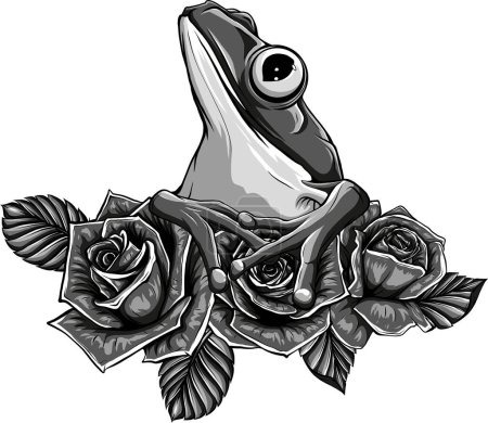 Illustration for Frog sitting on palm leaves and roses black and white sketch vector illustration - Royalty Free Image