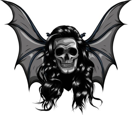 Hand drawn vampire skull with bat wings. Halloween trick or treat vector poster illustration