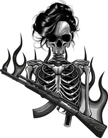 illustration vectorielle du squelette militaire tenant un fusil d'assaut