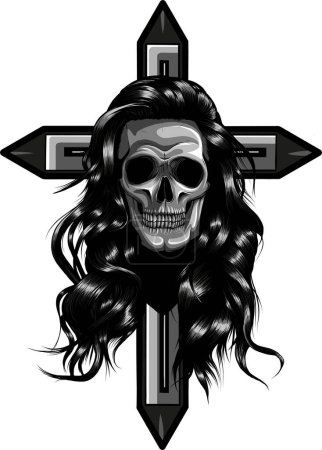 Imagen vectorial monocromática de cruz decorada con cráneos, aislada sobre fondo transparente.
