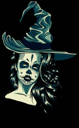 Illustration for Vector beautiful witch in a classic hat and coloured hair - Royalty Free Image