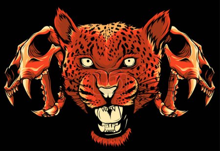 Téléchargez les illustrations : Tête de léopard avec crâne dans le vecteur, Panthera pardus, grand chat, animal sauvage - en licence libre de droit