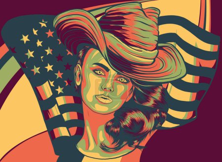 illustration of Woman with a cowboy hat and american flag