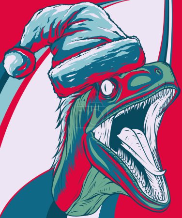 ilustración de cabeza velociraptor con sombrero de navidad