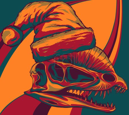 illustration of dilophosaurus skull with christmas hat