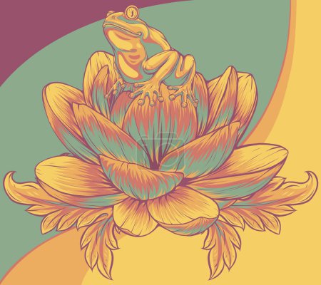 illustration of frog sits on a water lily flower