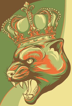Téléchargez les illustrations : Portrait d'un Puma en colère et souriant, chat sauvage avec une couronne d'or sur la tête - en licence libre de droit