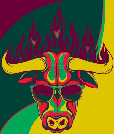 illustration de Tête de taureau dans les lunettes de soleil et les flammes