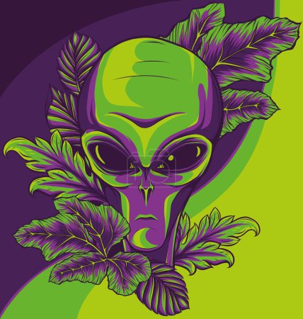 Illustration von Alien Head mit Blättern auf weißem Hintergrund