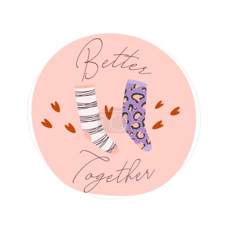 Ilustración de Better together. Pair of socks with cute pattern. Valentine's day card concept. Vector Illustration - Imagen libre de derechos