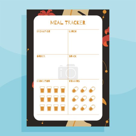 Illustration for Meal tracker print concept page template. With hand drawn exotic floral leaves pattern. - Royalty Free Image