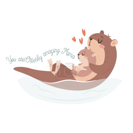 Mama Otter with baby. Happy Mothers day greeting card concept.