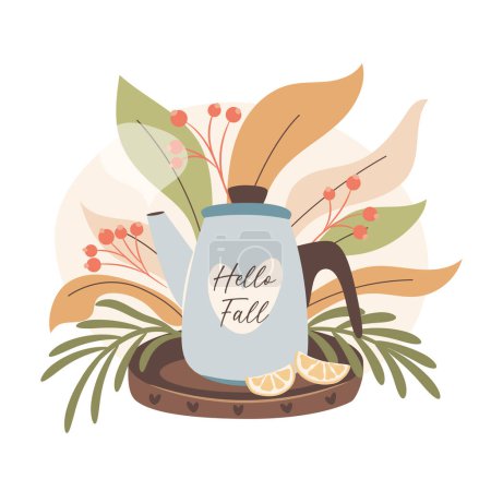 Illustration for Hello Fall. Teapot and lemons on a wooden tray, with autumn leaves in background. Cozy autumn days concept. - Royalty Free Image
