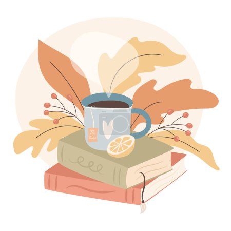 Illustration for Reading time. Cup of tea on pile of books. Cozy autumn days concept - Royalty Free Image