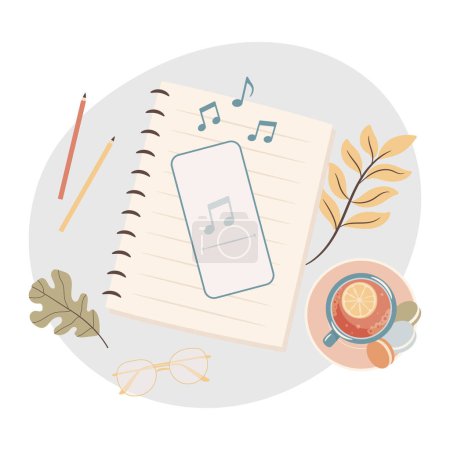 Illustration for Smartphone playing music. Break time. Cozy autumn working days concept. - Royalty Free Image