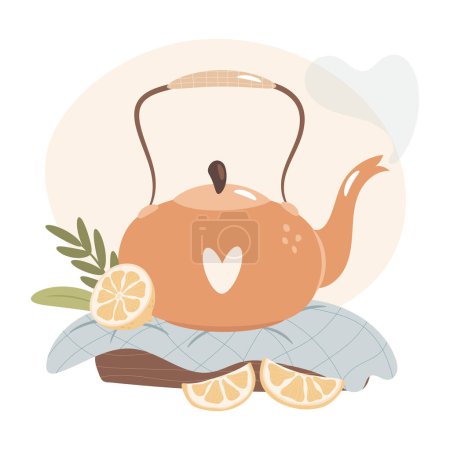 Illustration for Good morning. Tea pot and lemons. Cozy morning breakfast concept. - Royalty Free Image