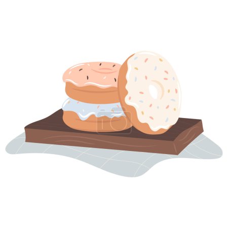 Ilustración de Deliciosas rosquillas en la bandeja de madera. Ilustración vectorial - Imagen libre de derechos