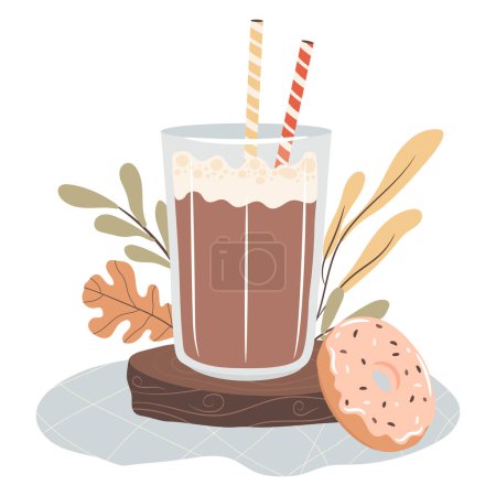 Ilustración de Un vaso de café en la bandeja de madera con una rosquilla. Acogedor concepto de desayuno otoño. - Imagen libre de derechos