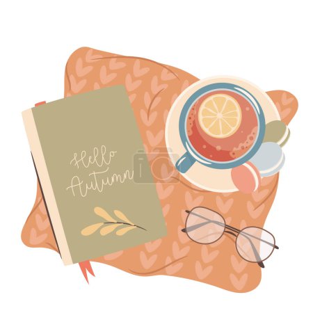 Illustration for Hello Autumn. Sweater weather. Cup of tea and a book. Cozy autumn days concept. - Royalty Free Image