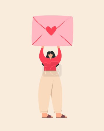 Téléchargez les photos : Femme heureuse tenant une grande enveloppe avec un cœur rouge au-dessus de sa tête isolé sur fond blanc. Illustration vectorielle plate. - en image libre de droit