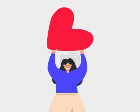 Téléchargez les photos : Femme heureuse tenant un grand cœur rouge au-dessus de sa tête isolé sur fond blanc. Illustration vectorielle plate - en image libre de droit