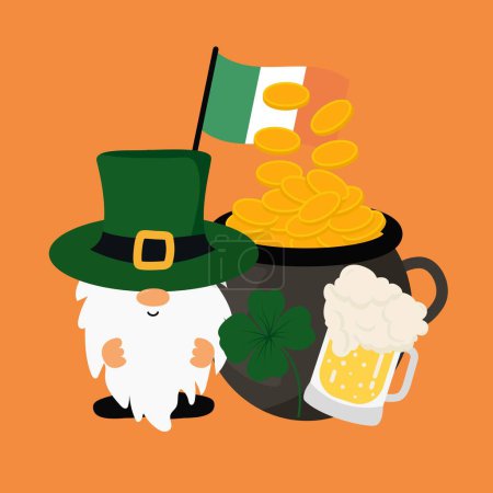Foto de Feliz Día de San Patricio el 17 de marzo con monedas de oro, leprechaun feliz Cerveza Pub y Shamrock en Flat Cartoon Background Design. Ilustración vectorial - Imagen libre de derechos