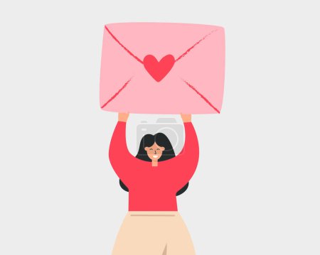 Happy woman holding a big envelope with a red heart above her head isolated on white background. Flat vector illustration.