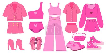 Téléchargez les illustrations : Ensemble Barbiecore. Ensemble tendance rose, vêtements esthétiques de poupée rose. Illustration vectorielle. Une collection de vêtements - en licence libre de droit