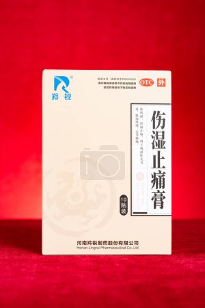 Photo for Zhongshan China-October 11 2023:box of Lingrui Pharmaceutical Dampness Damage Pain-Relieving Plaster at vertical composition. - Royalty Free Image