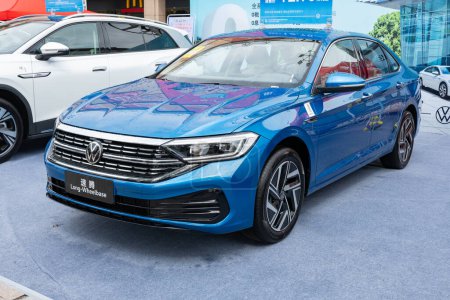 Photo for ZHONGSHAN GUANGDONG China-June 10 2022:a blue VolksWagenwerk Long-Wheelbase car. - Royalty Free Image