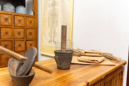 Photo for Traditional Chinese herb medicine store horizontal composition - Royalty Free Image