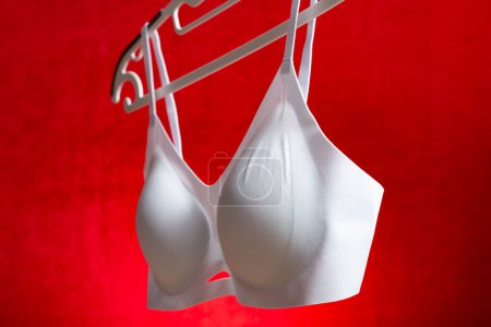 Photo for Side view light blue bra hanging on red background - Royalty Free Image