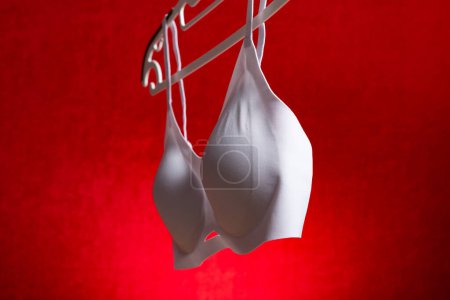 side view light blue bra hanging on red background