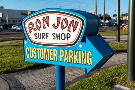 Photo for Cocoa Beach, Florida - December 29, 2022: Sign for customer parking for the famous Ron Jon surf shop, the largest surfing goods store in the world - Royalty Free Image