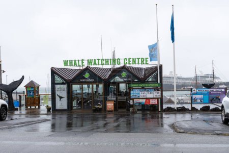 Photo for Husavik, Iceland - July 4, 2023: Outside the Whale Watching Centre, a popular spot for tourists to see whales from boats in the summer - Royalty Free Image