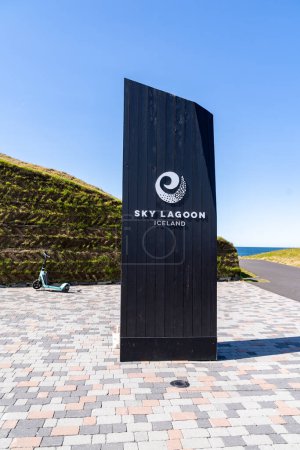 Photo for Kopavogur, Iceland - July 11, 2023: Sky Lagoon spa, a geothermal heated pool. Entrance sign - Royalty Free Image