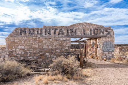 Téléchargez les photos : Two Guns, Arizona - 18 décembre 2023 : Exposition et zoo sur les ruines en décomposition des lions de montagne Harry Millers - en image libre de droit