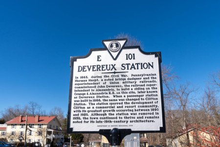 Photo for Clifton, Virginia - February 3, 2024: Virginia State Historical Marker for the Devereux Station, a train station dating back to the Civil War - Royalty Free Image