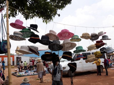 Photo for A large selection of hats at a market in Mandato, southern Madagascar. - Royalty Free Image