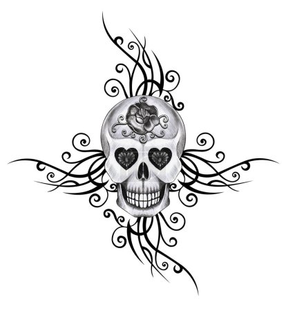 Photo for Art skull tattoo. Hand drawing on paper. - Royalty Free Image
