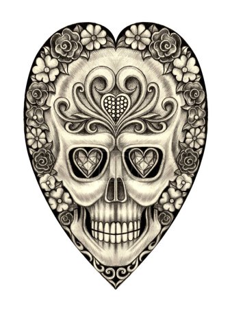 Photo for Fancy heart skull. Hand drawing on paper. - Royalty Free Image