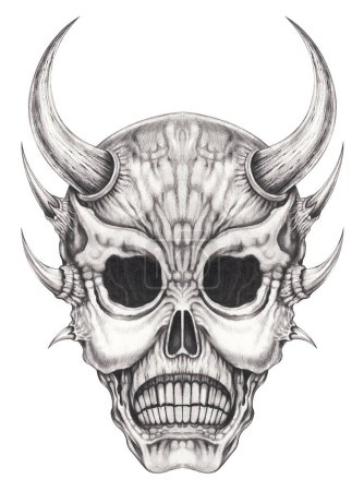 Demon skull tattoo hand drawing on paper.