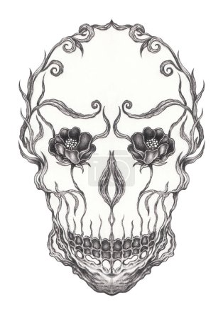 Skull head surreal art hand drawing on paper.