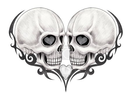 Skull head fancy heart tattoo hand drawing on paper.