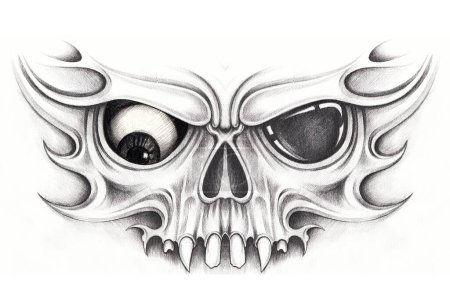 Skull mask surreal art tattoo hand drawing on paper.
