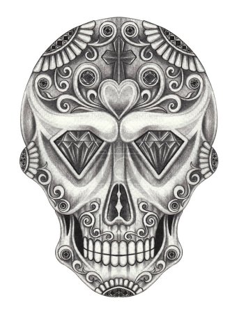 sugar skull day of the dead design by hand drawing on paper.