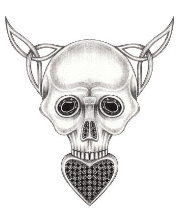 Skull tattoo mix gems heart and celtic art design by hand drawing on paper.