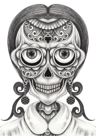Sugar skull day of the dead design by hand drawing on paper.