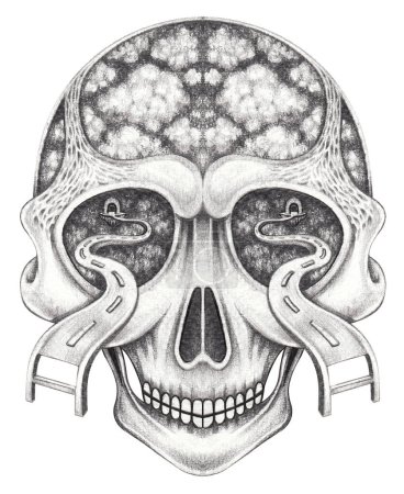 Surreal art skull design by hand drawing on paper.