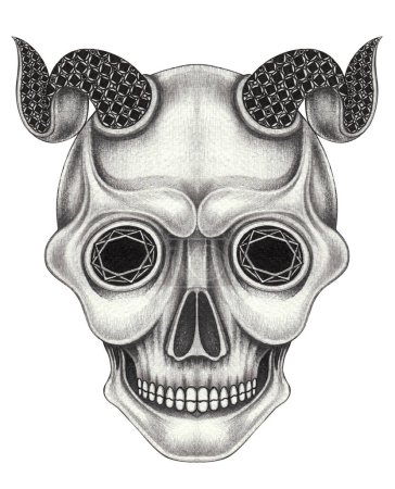 Demon skull tattoo design by hand drawing on paper.